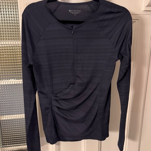 ATHLETA WOMENS BLACK 1/4 ZIP TOP THUMBHOLE RUCHED LONG SLEEVE SIZE S - Picture 2 of 9